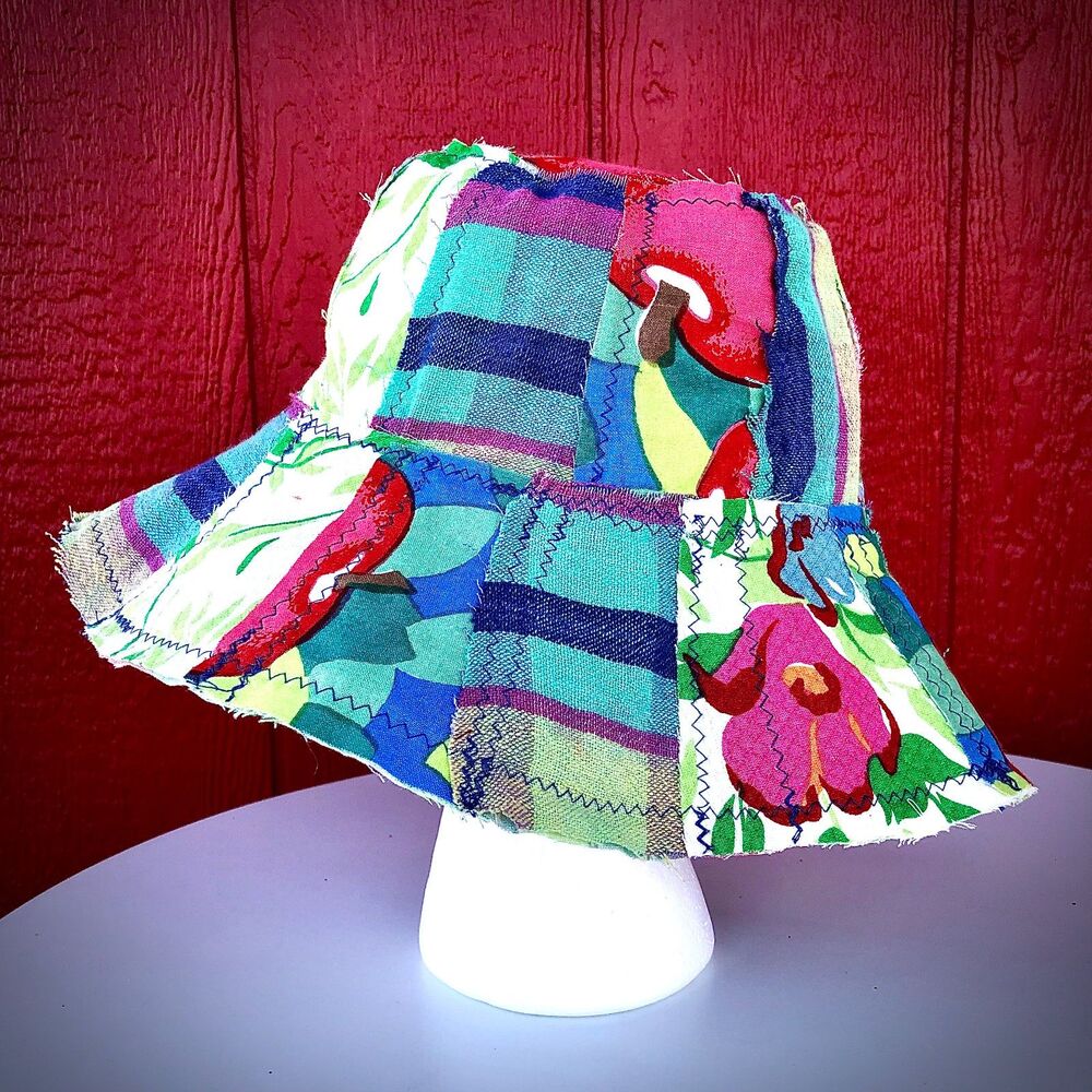 Patchwork Floppy Hat Upcycled Wearable Art Vintage Plaid- One Size - Picture 3 of 4